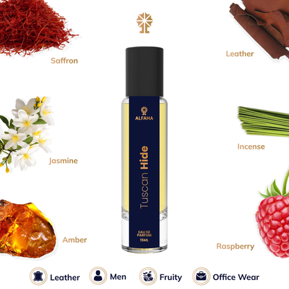 Tuscan Hide fragrance profile – opening with Raspberry and Saffron, deepening with Jasmine and Olibanum, and grounded by Leather, Suede, and Amber for a sophisticated, professional scent.