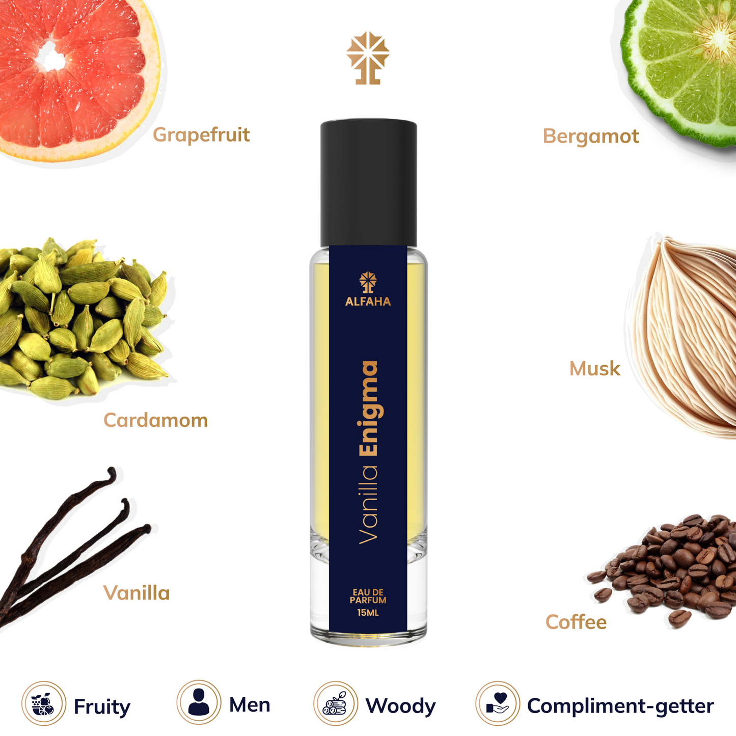 Vanilla Enigma scent profile – opens with mandarin, pink pepper, and grapefruit; evolves with rose and cardamom; finishes with vanilla, amber, and sandalwood.