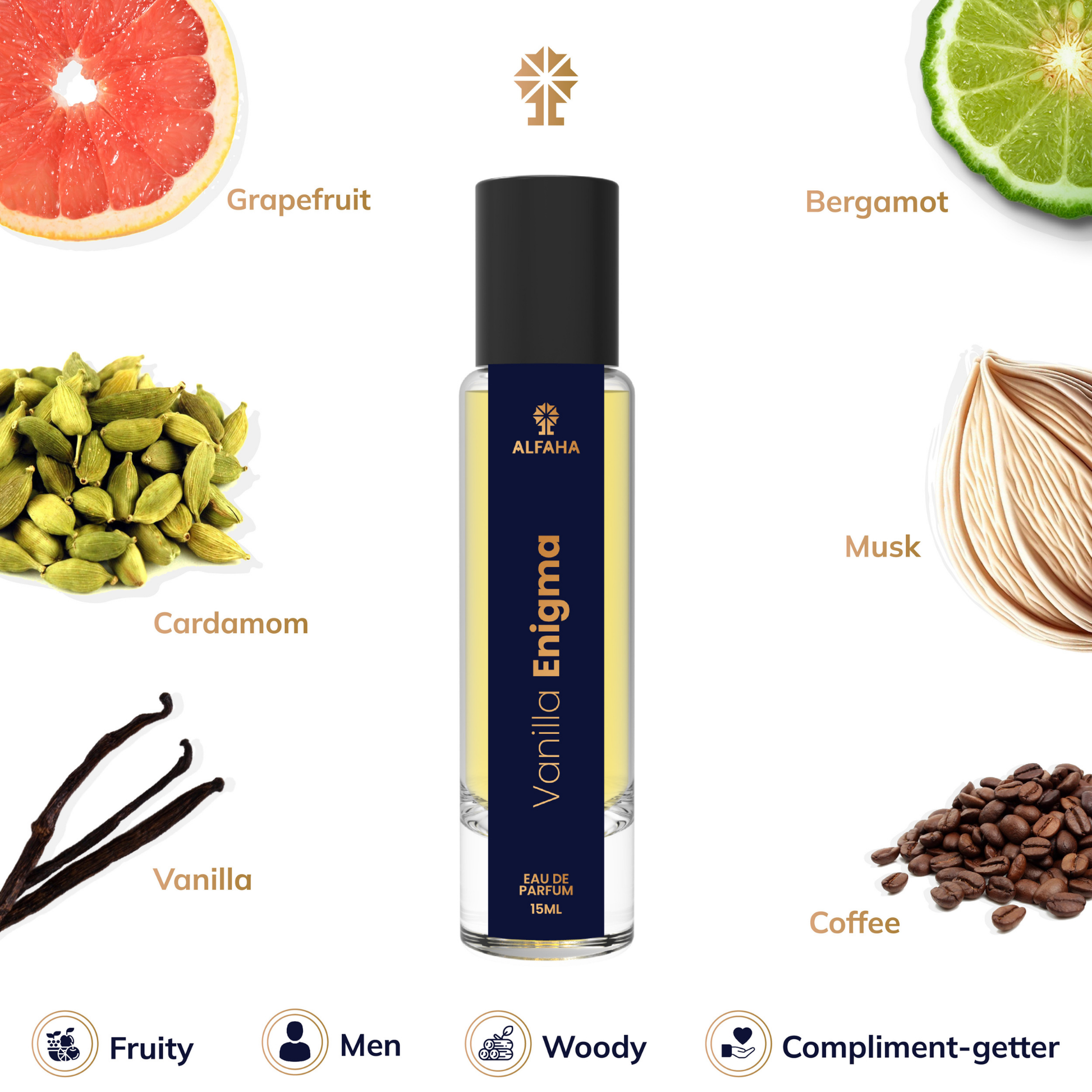 Vanilla Enigma scent profile – opens with mandarin, pink pepper, and grapefruit; evolves with rose and cardamom; finishes with vanilla, amber, and sandalwood.
