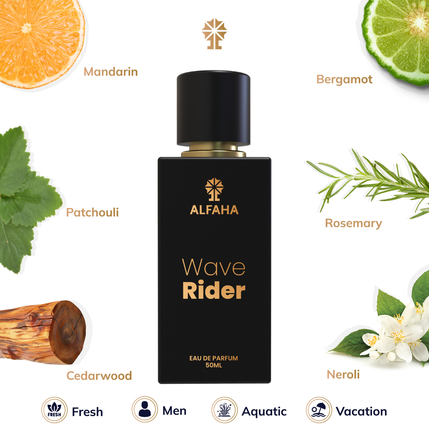 Wave Rider fragrance profile – opens with Calone, Mandarin, and Bergamot; heart of Jasmine, Neroli, and Rosemary; base of Cedarwood, Patchouli, and Ciste Labdanum