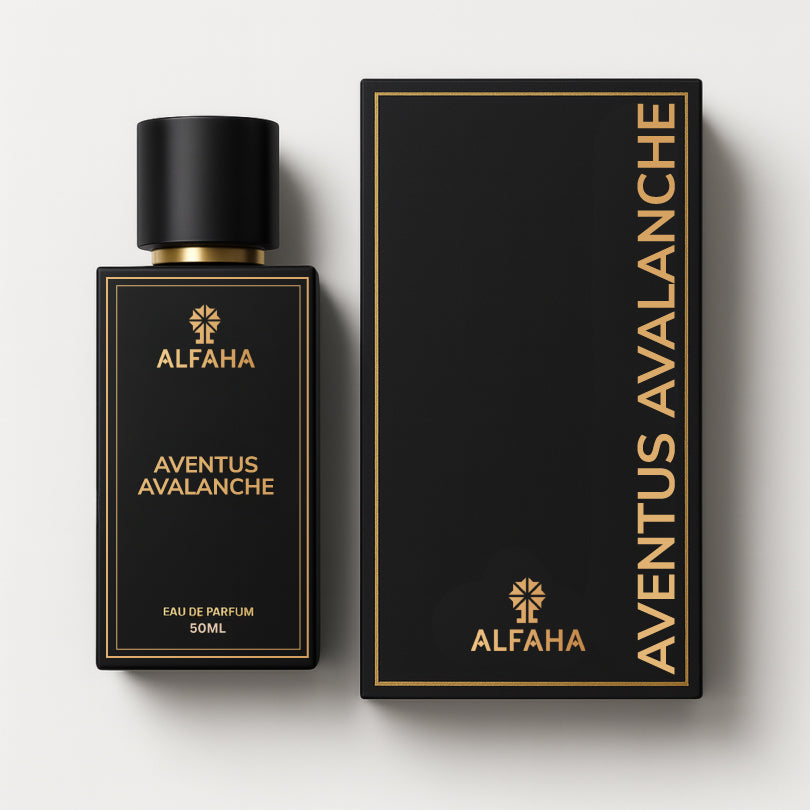 Avalanche by ALFAHA – 50ml men’s perfume bottle and box, fruity woody Eau de Parfum on white background