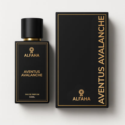 Avalanche by ALFAHA – 50ml men’s perfume bottle and box, fruity woody Eau de Parfum on white background