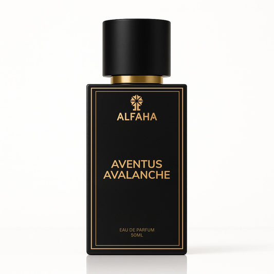 Avalanche by ALFAHA – 50ml men’s perfume bottle, fruity woody Eau de Parfum on white background