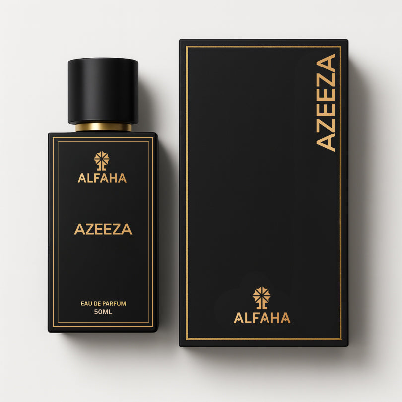 Azeeza by ALFAHA – 50ml men’s perfume bottle and box, spicy floral Eau de Parfum on white background