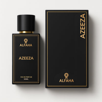Azeeza by ALFAHA – 50ml men’s perfume bottle and box, spicy floral Eau de Parfum on white background