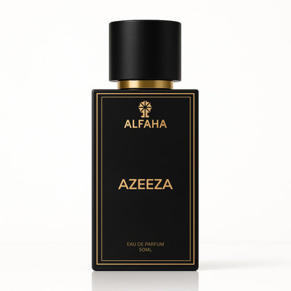 Azeeza by ALFAHA – 50ml men’s perfume bottle, spicy floral Eau de Parfum on white background