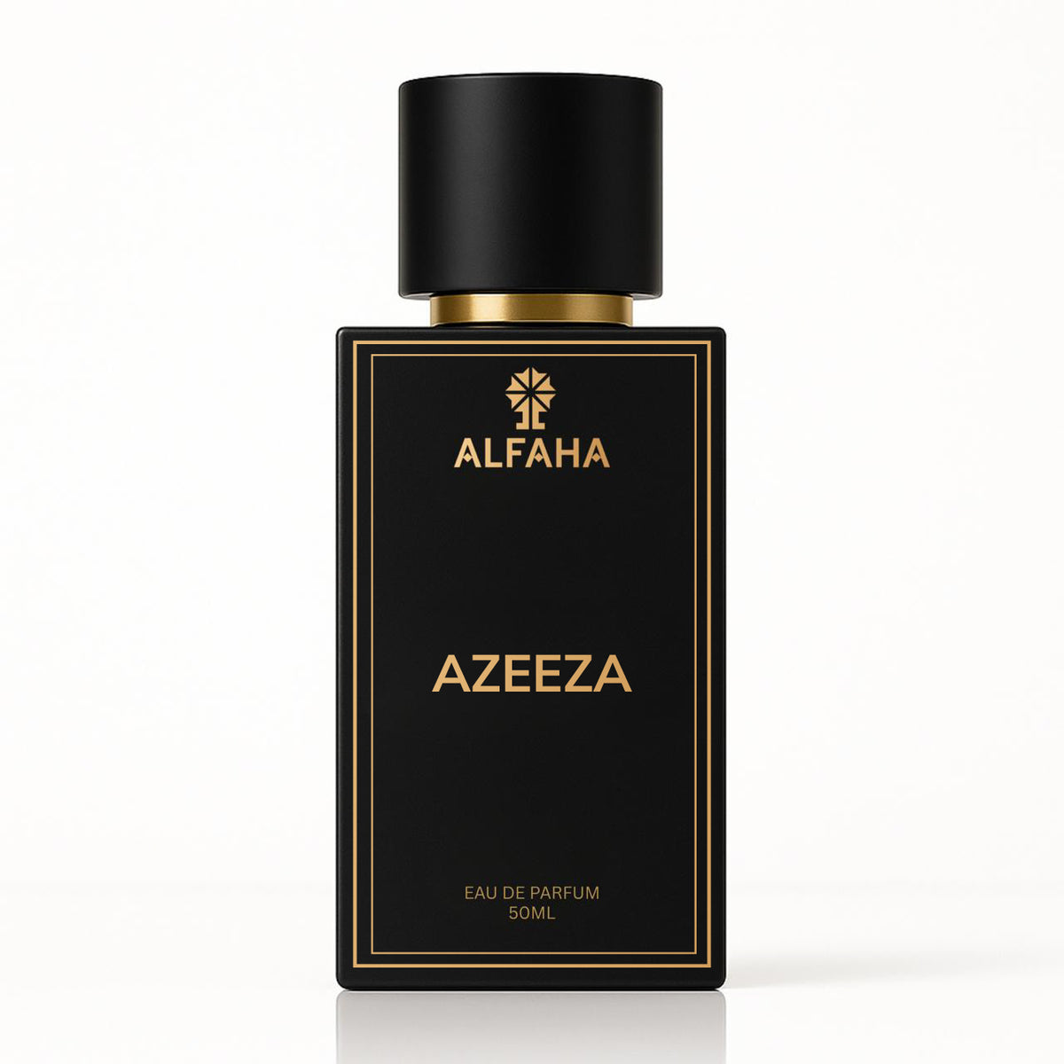 Azeeza by ALFAHA – 50ml men’s perfume bottle, spicy floral Eau de Parfum on white background