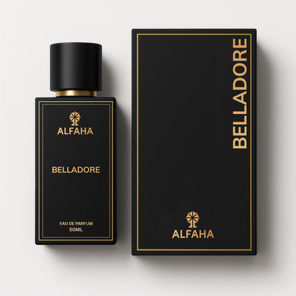 Belladore by ALFAHA – 50ml women’s perfume bottle and box, floral fruity Eau de Parfum on white background