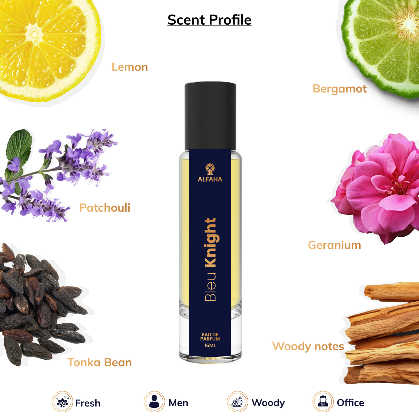 Bleu Knight fragrance profile – invigorating citrus notes of mandarin, lemon, and bergamot with a floral heart of geranium, settling into warm, woody base notes of vetiver, tonka bean, and sandalwood.