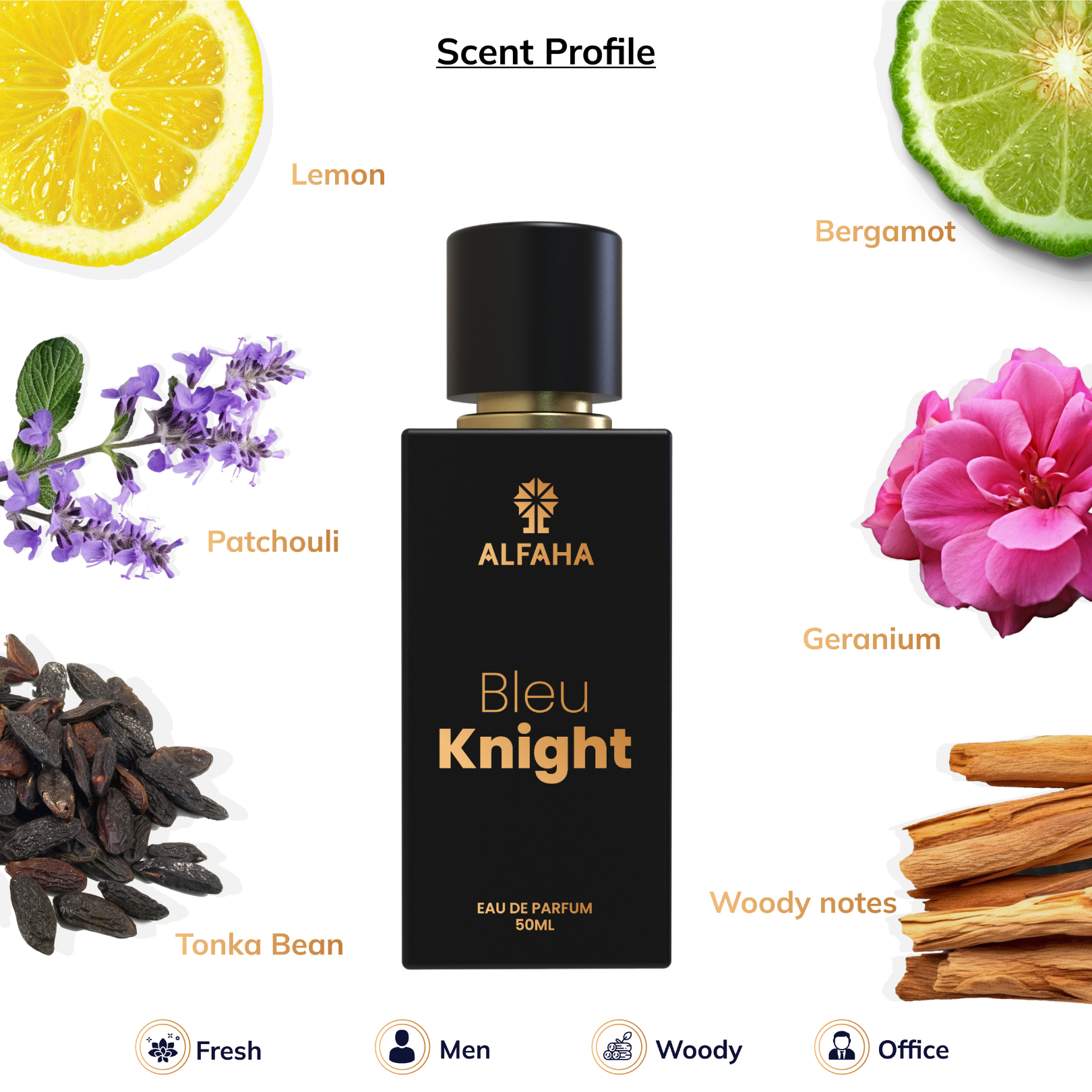 Bleu Knight fragrance profile – invigorating citrus notes of mandarin, lemon, and bergamot with a floral heart of geranium, settling into warm, woody base notes of vetiver, tonka bean, and sandalwood.