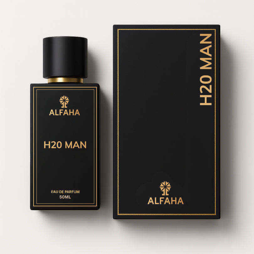 H2O Man by ALFAHA – 50ml men’s perfume bottle and box, fresh aquatic Eau de Parfum on white background