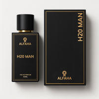H2O Man by ALFAHA – 50ml men’s perfume bottle and box, fresh aquatic Eau de Parfum on white background
