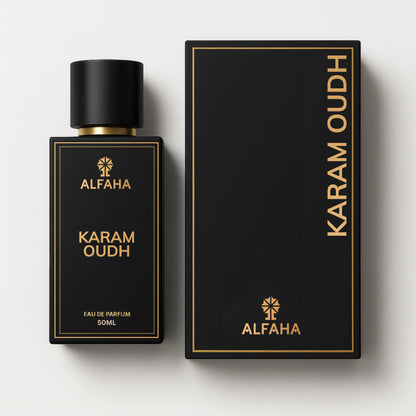 Karam Oudh by ALFAHA – 50ml men's perfume bottle and box, oriental woody Eau de Parfum on white background