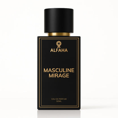 Masculine Mirage by ALFAHA – 50ml men’s perfume bottle, aromatic woody Eau de Parfum on white background