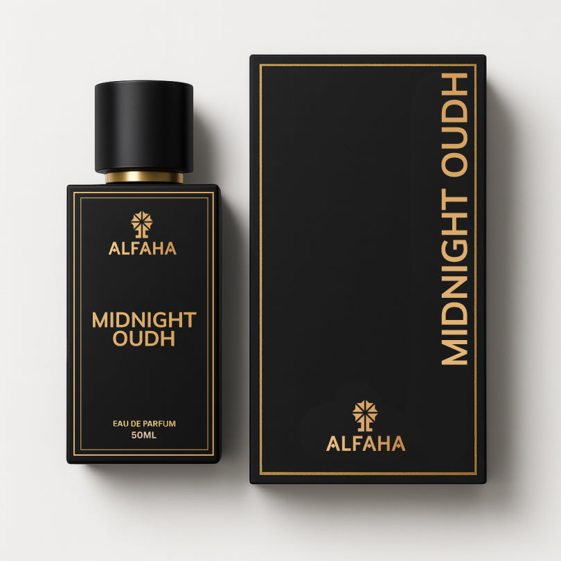 Midnight Oudh by ALFAHA – 50ml unisex perfume bottle and box, oriental woody Eau de Parfum on white background