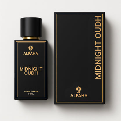 Midnight Oudh by ALFAHA – 50ml unisex perfume bottle and box, oriental woody Eau de Parfum on white background