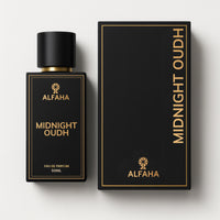 Midnight Oudh by ALFAHA – 50ml unisex perfume bottle and box, oriental woody Eau de Parfum on white background