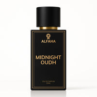Midnight Oudh by ALFAHA – 50ml unisex perfume bottle, oriental woody Eau de Parfum on white background
