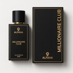Millionaire Club by ALFAHA – 50ml men’s perfume bottle and box, warm spicy Eau de Parfum on white background
