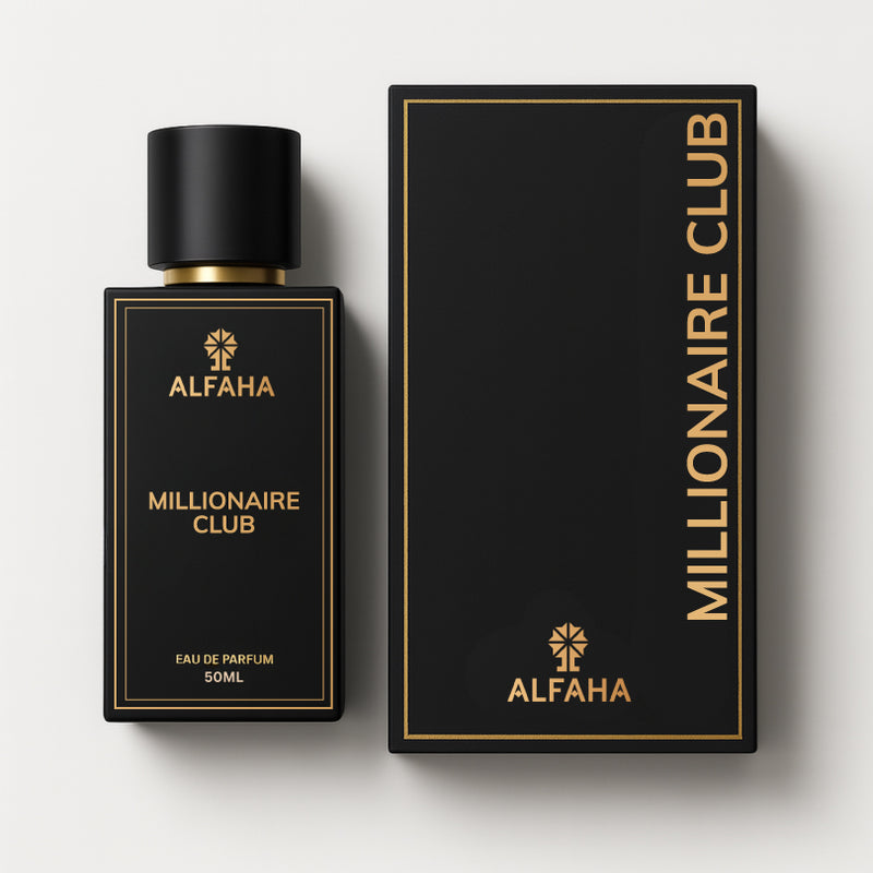 Millionaire Club by ALFAHA – 50ml men’s perfume bottle and box, warm spicy Eau de Parfum on white background