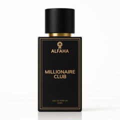 Millionaire Club by ALFAHA – 50ml men’s perfume bottle, warm spicy Eau de Parfum on white background