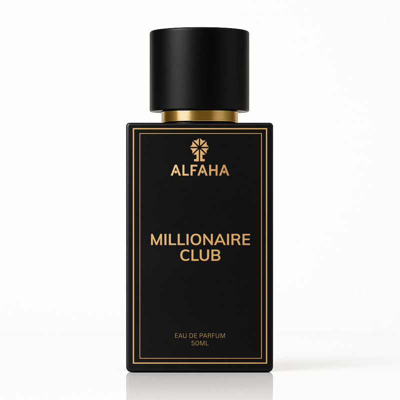Millionaire Club by ALFAHA – 50ml men’s perfume bottle, warm spicy Eau de Parfum on white background