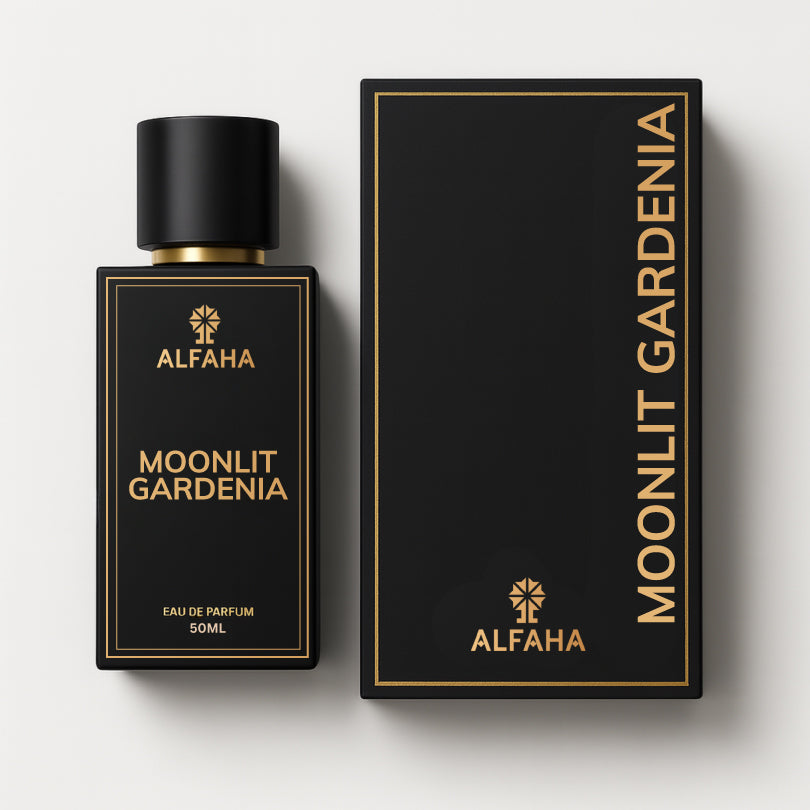 Moonlit Gardenia by ALFAHA – 50ml women’s perfume bottle and box, white floral Eau de Parfum on white background