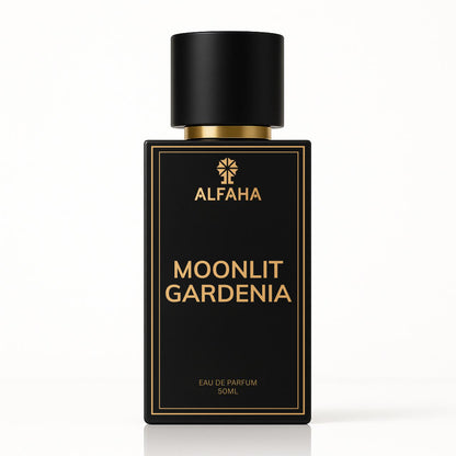 Moonlit Gardenia by ALFAHA – 50ml women’s perfume bottle, white floral Eau de Parfum on white background