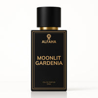 Moonlit Gardenia by ALFAHA – 50ml women’s perfume bottle, white floral Eau de Parfum on white background