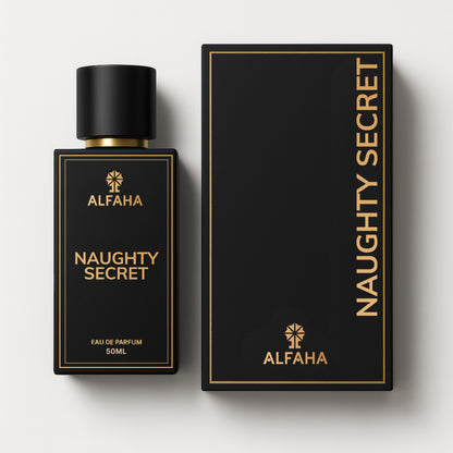 Naughty Secret by ALFAHA – 50ml unisex perfume bottle and box, sweet woody Eau de Parfum on white background