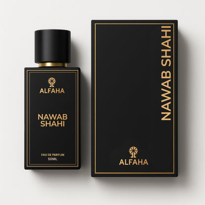 Nawab Shahi by ALFAHA – 50ml men’s perfume bottle and box, aromatic woody Eau de Parfum on white background