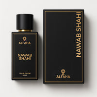 Nawab Shahi by ALFAHA – 50ml men’s perfume bottle and box, aromatic woody Eau de Parfum on white background