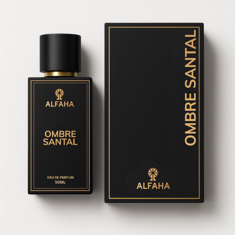 Ombre Santal by ALFAHA – 50ml unisex perfume bottle and box, woody creamy Eau de Parfum on white background