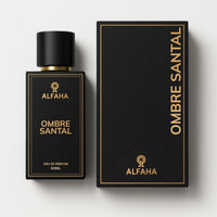 Ombre Santal by ALFAHA – 50ml unisex perfume bottle and box, woody creamy Eau de Parfum on white background