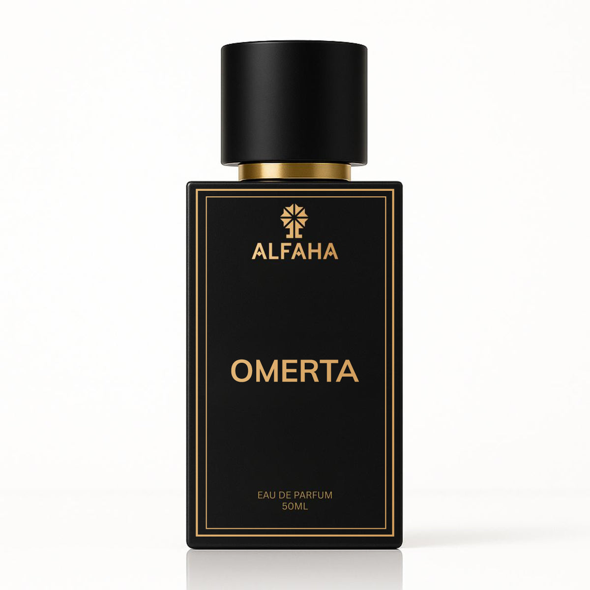 Omerta by ALFAHA – 50ml men’s perfume bottle, leathery woody Eau de Parfum on white background