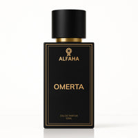 Omerta by ALFAHA – 50ml men’s perfume bottle, leathery woody Eau de Parfum on white background