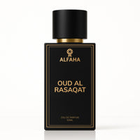 Oud Al Rasaqat by ALFAHA – 50ml men's perfume bottle, oriental ambery Eau de Parfum on white background