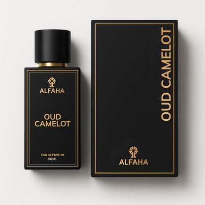Oud Camelot by ALFAHA – 50ml men's perfume bottle and box, smoky oudh Eau de Parfum on white background