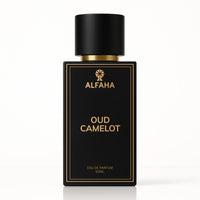 Oud Camelot by ALFAHA – 50ml men's perfume bottle, smoky oudh Eau de Parfum on white background