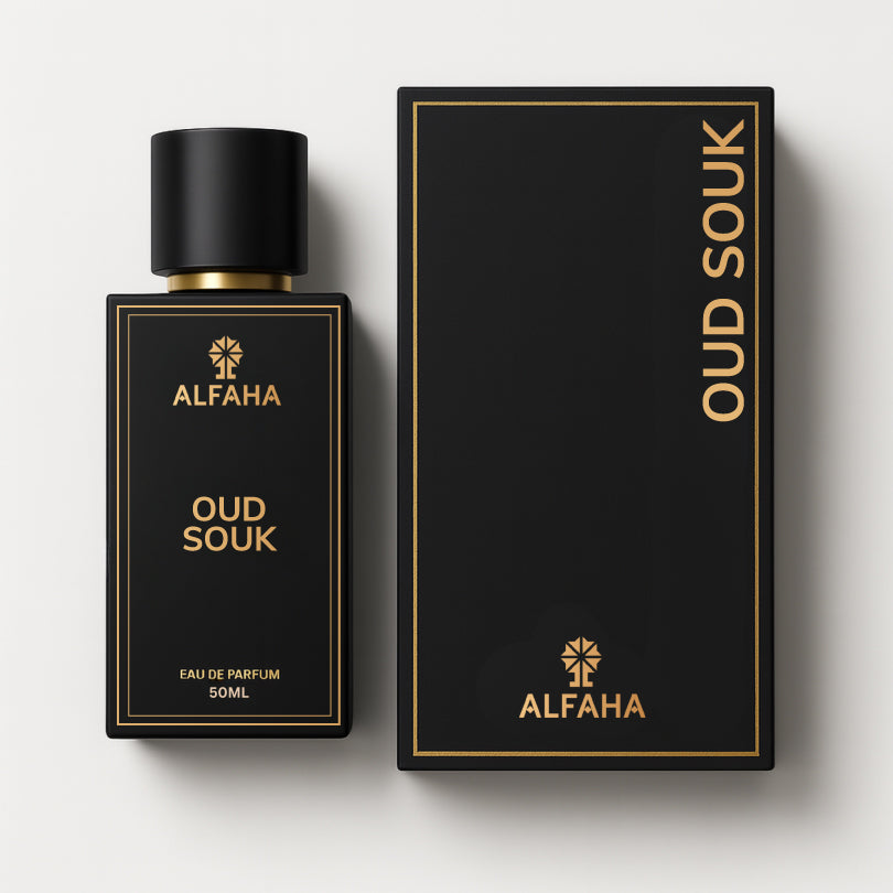 Oud Souk by ALFAHA – 50ml unisex perfume bottle and box, oriental oudh Eau de Parfum on white background