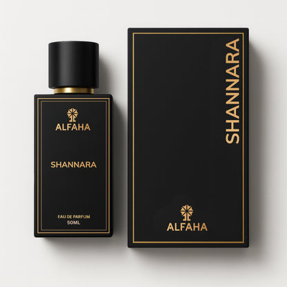 Shannara by ALFAHA – 50ml women’s perfume bottle and box, floral ambery Eau de Parfum on white background