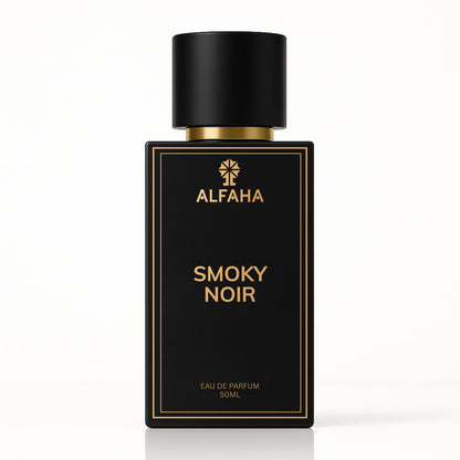 Smoky Noir by ALFAHA – 50ml men's perfume bottle, smoky ambery Eau de Parfum on white background