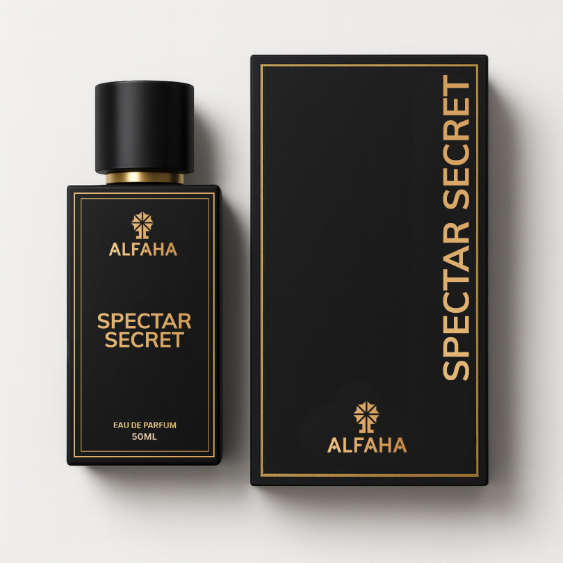 Spectar Secret by ALFAHA – 50ml men's perfume bottle and box, musky woody Eau de Parfum on white background