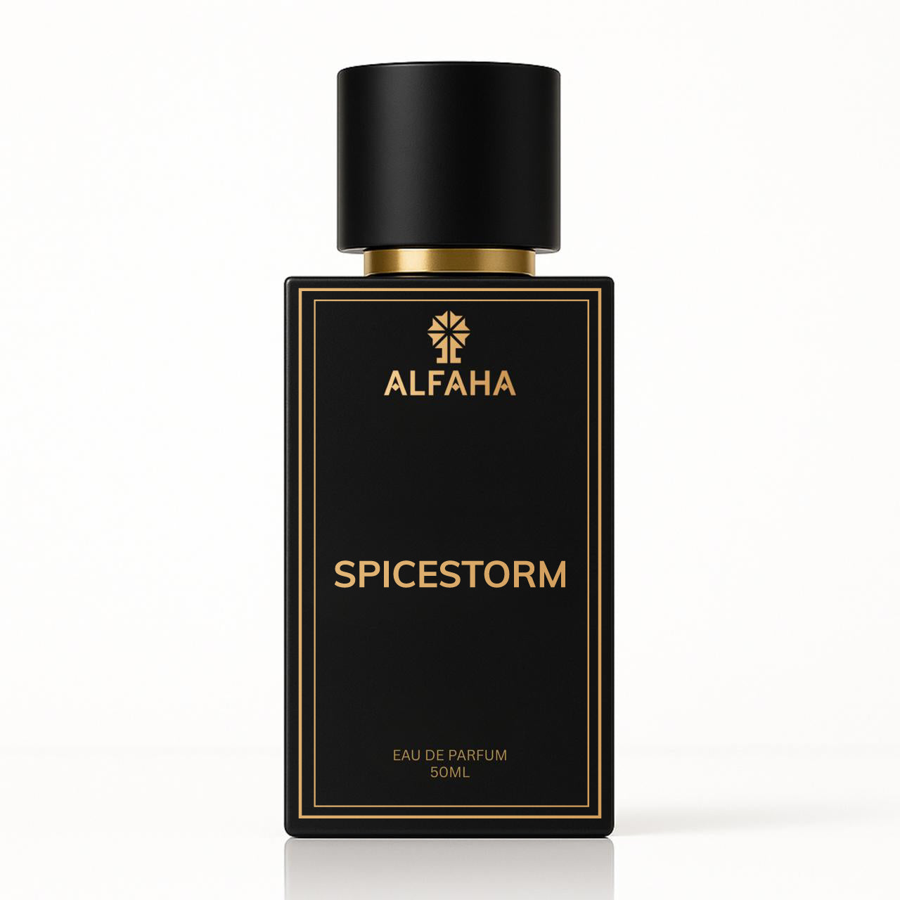 Spicestorm by ALFAHA – 50ml men’s perfume bottle, spicy woody Eau de Parfum on white background