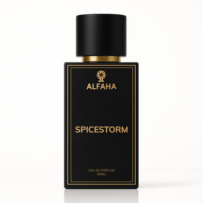 Spicestorm by ALFAHA – 50ml men’s perfume bottle, spicy woody Eau de Parfum on white background
