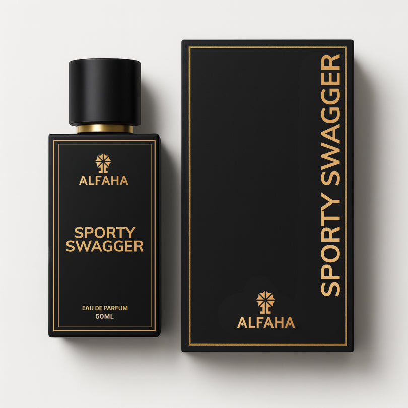 Sporty Swagger by ALFAHA – 50ml men’s perfume bottle and box, fresh aromatic Eau de Parfum on white background
