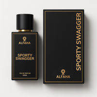 Sporty Swagger by ALFAHA – 50ml men’s perfume bottle and box, fresh aromatic Eau de Parfum on white background