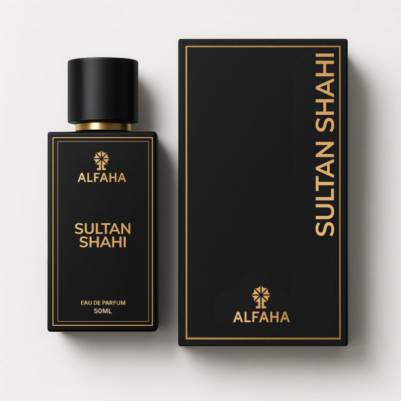 Sultan Shahi by ALFAHA – 50ml men’s perfume bottle and box, oudh amber Eau de Parfum on white background