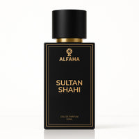 Sultan Shahi by ALFAHA – 50ml men’s perfume bottle, oudh amber Eau de Parfum on white background
