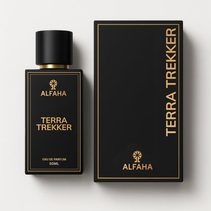 Terra Trekker by ALFAHA – 50ml men’s perfume bottle and box, earthy woody Eau de Parfum on white background